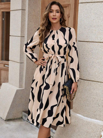 Coria Beige & Black Abstract Print Midi Dress with Belt"