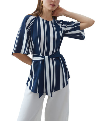 Coria Women's Navy Blue and White Striped Peplum Top