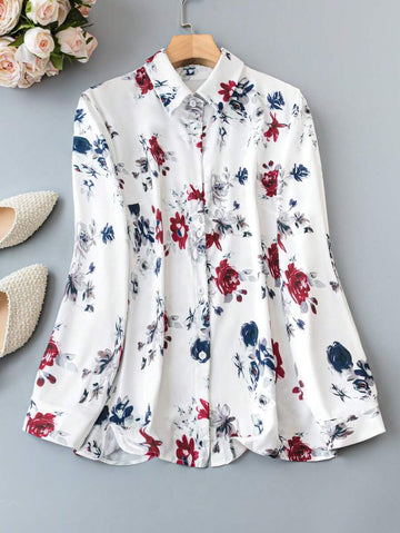 Coria White Floral Print Shirt Top with Long Sleeves