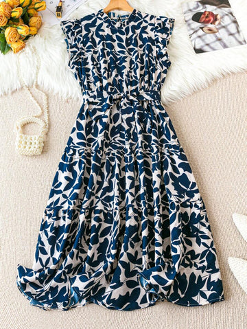 Coria Navy Blue & White Leaf Print Midi Dress with Belt and Flutter Sleeves