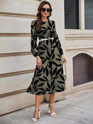 Coria Elegant Olive Green Midi Dress with Black Leaf Print & Belted Waist