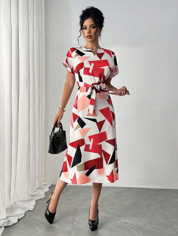 Coria Elegant Geometric Print Belted Midi Dress – Chic & Stylish