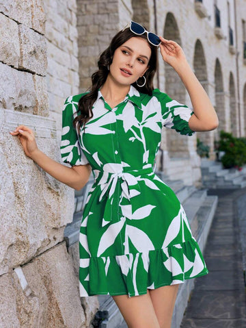Coria Green Tropical Leaf Print Button-Down Belted Mini Dress