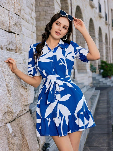 Coria Blue Tropical Leaf Print Button-Down Belted Mini Dress