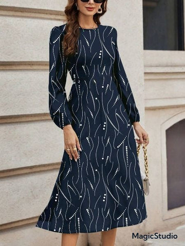 Coria Elegant Navy Blue Midi Dress with Abstract Dot and Line Print – Long Sleeve, High Waist