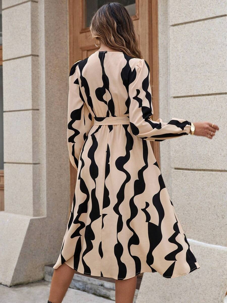 Coria Beige & Black Abstract Print Midi Dress with Belt"