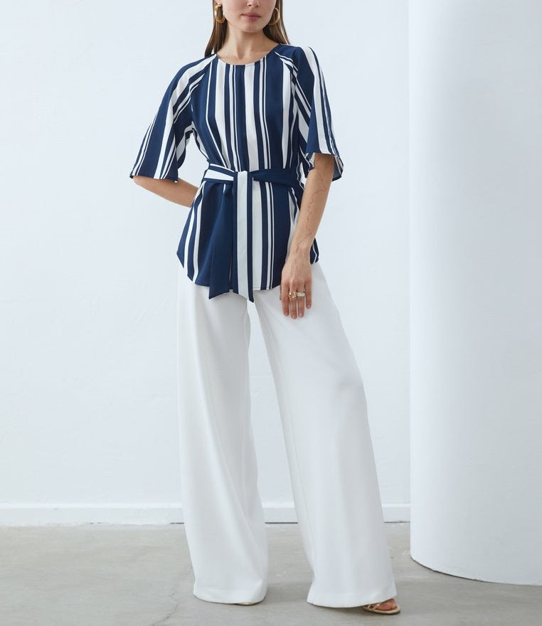 Coria Women's Navy Blue and White Striped Peplum Top