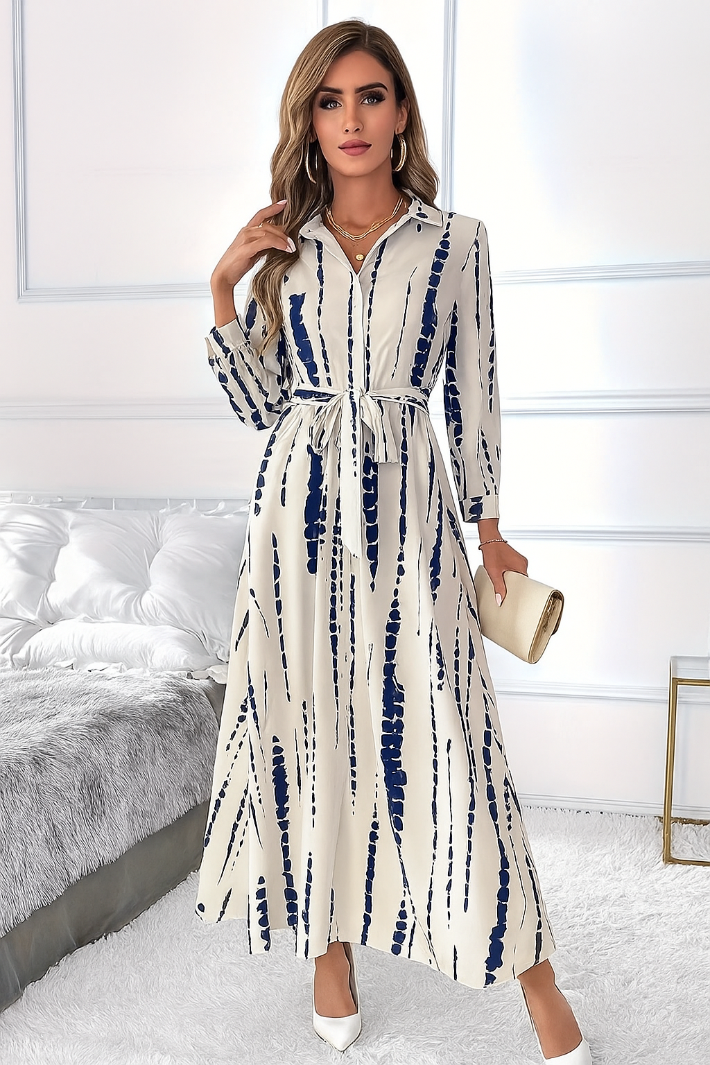 Coria Navy white Abstract Print shirt dress