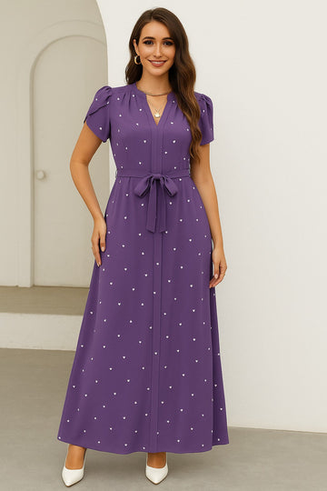 Coria Purple Heart Print Maxi Dress with Waist Tie