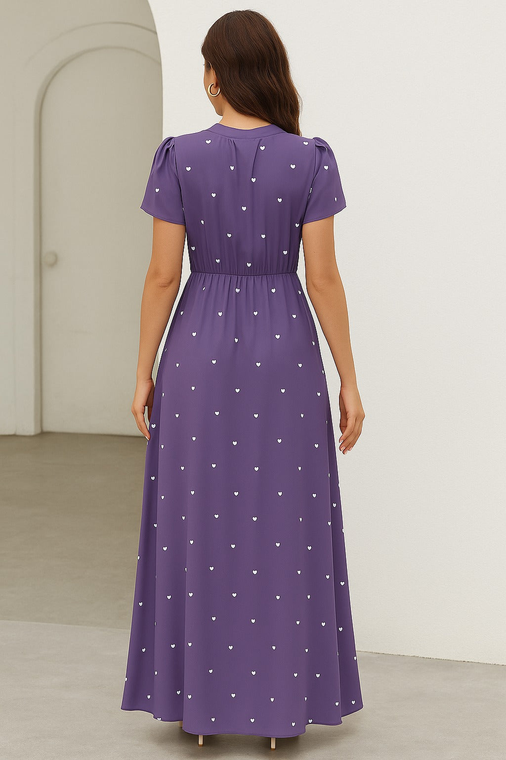 Coria Purple Heart Print Maxi Dress with Waist Tie