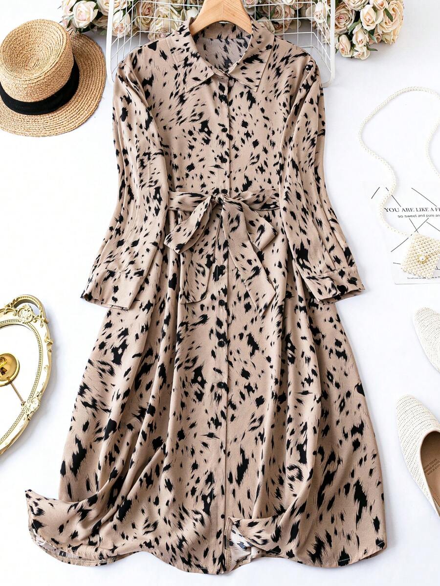 Coria Elegant Beige Animal Print Shirt Dress with Waist Tie