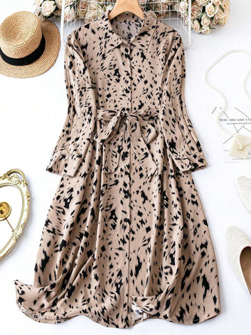 Coria Elegant Beige Animal Print Shirt Dress with Waist Tie