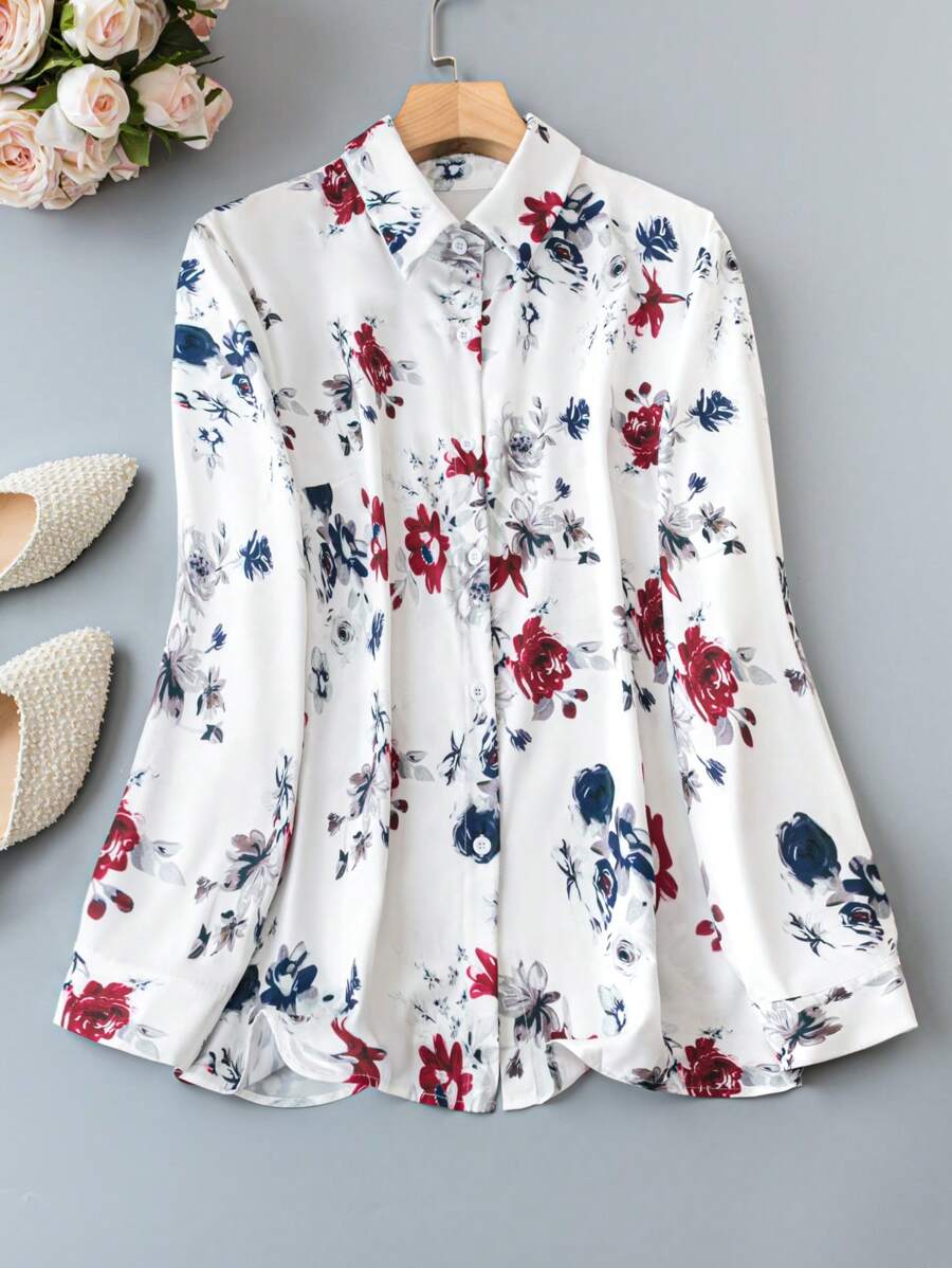 Coria White Floral Print  Shirt Top with Long Sleeves