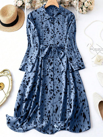 Coria Elegant Beige Animal Print Shirt Dress with Waist Tie