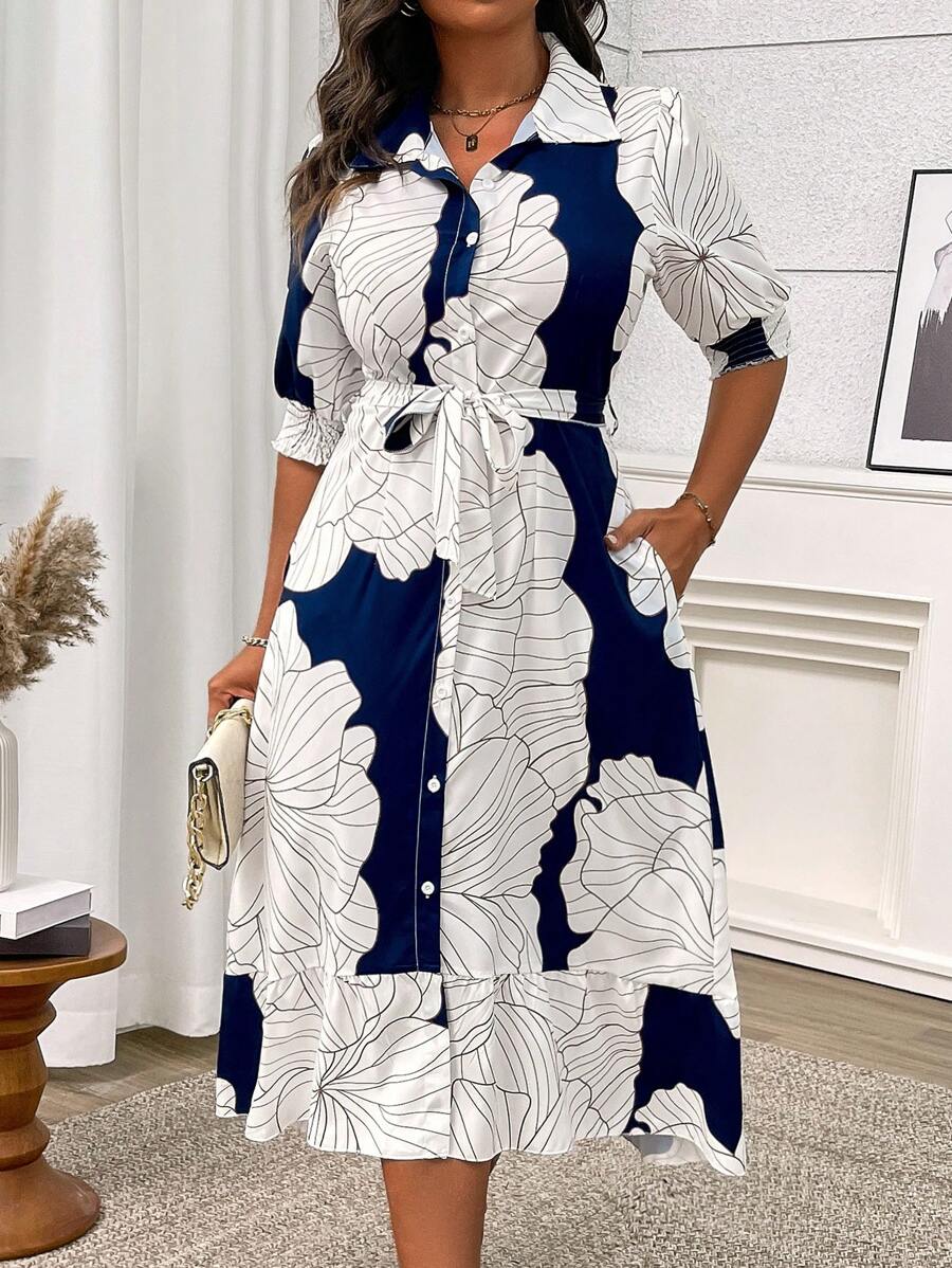 Coria Navy white floral shirt dress