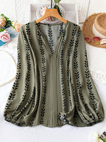 Coria Boho Chic Olive Green Printed V-Neck Blouse with Balloon Sleeves