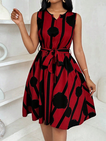 Coria Elegant Red and Black Sleeveless Belted A-Line Dress