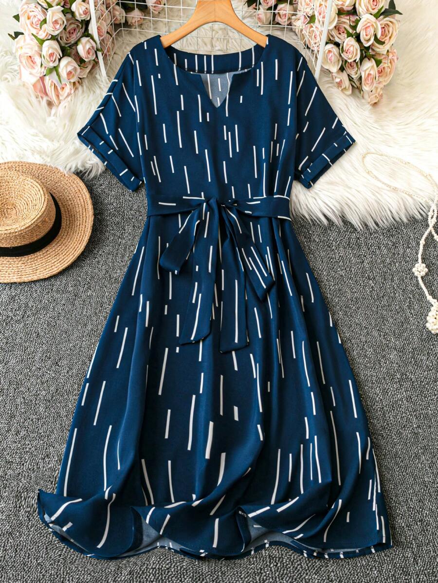 Coria Navy Blue Belted Midi Dress with Abstract Stripe Print