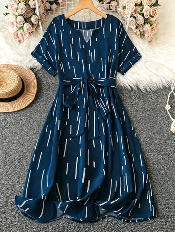 Coria Navy Blue Belted Midi Dress with Abstract Stripe Print