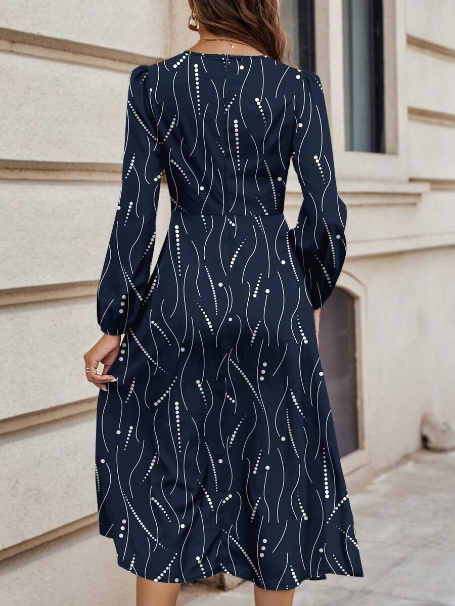 Coria Elegant Navy Blue Midi Dress with Abstract Dot and Line Print – Long Sleeve, High Waist