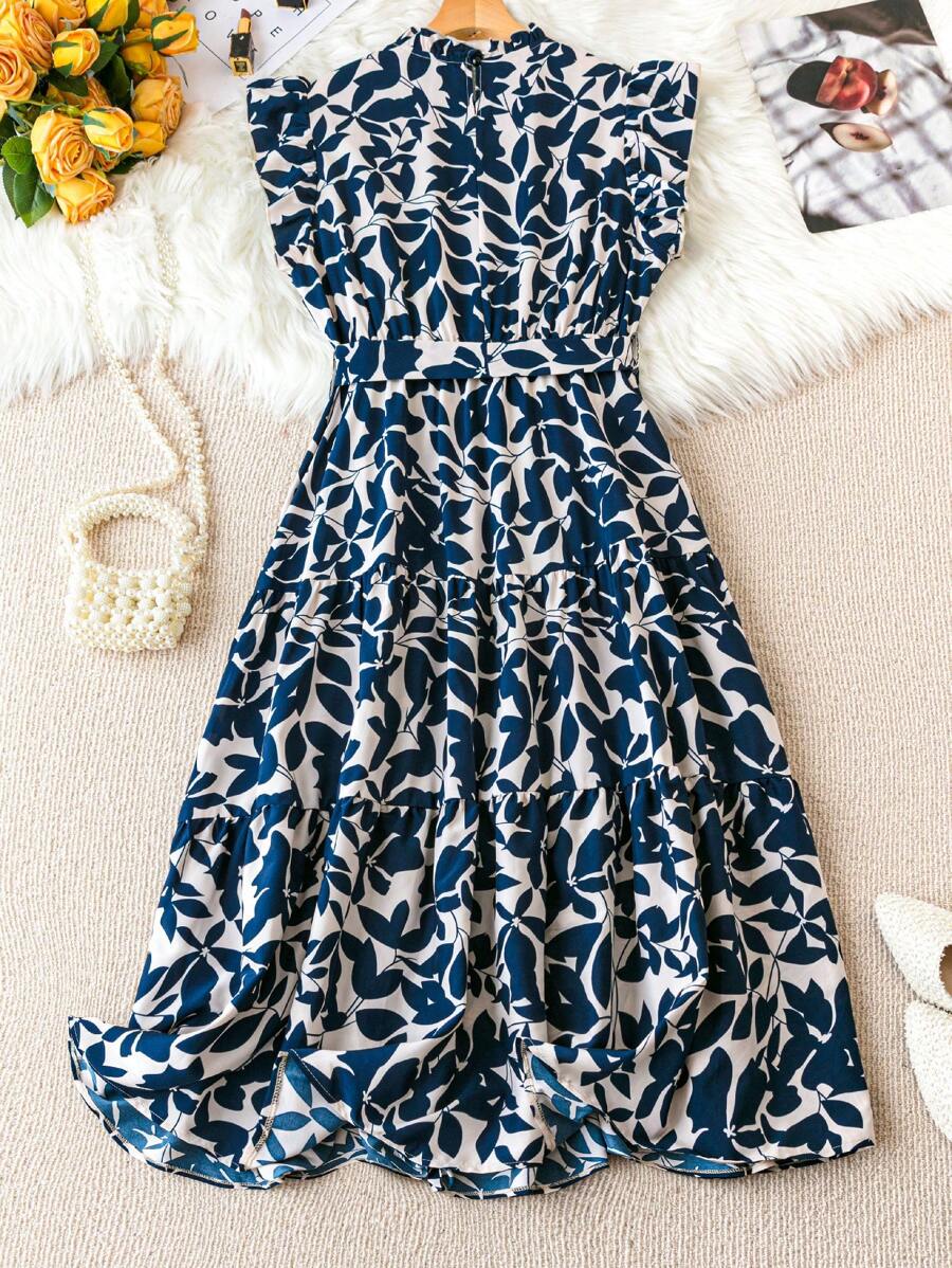 Coria Navy Blue & White Leaf Print Midi Dress with Belt and Flutter Sleeves