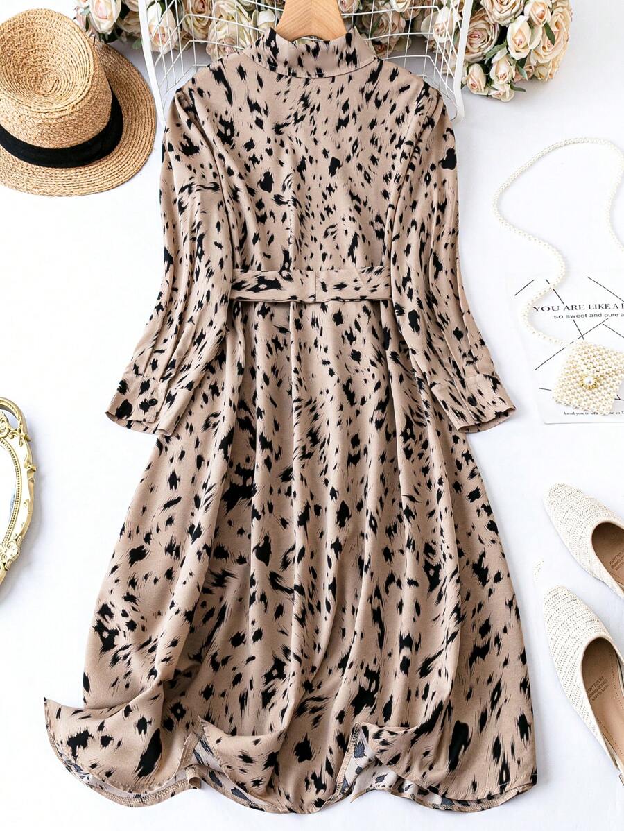 Coria Elegant Beige Animal Print Shirt Dress with Waist Tie