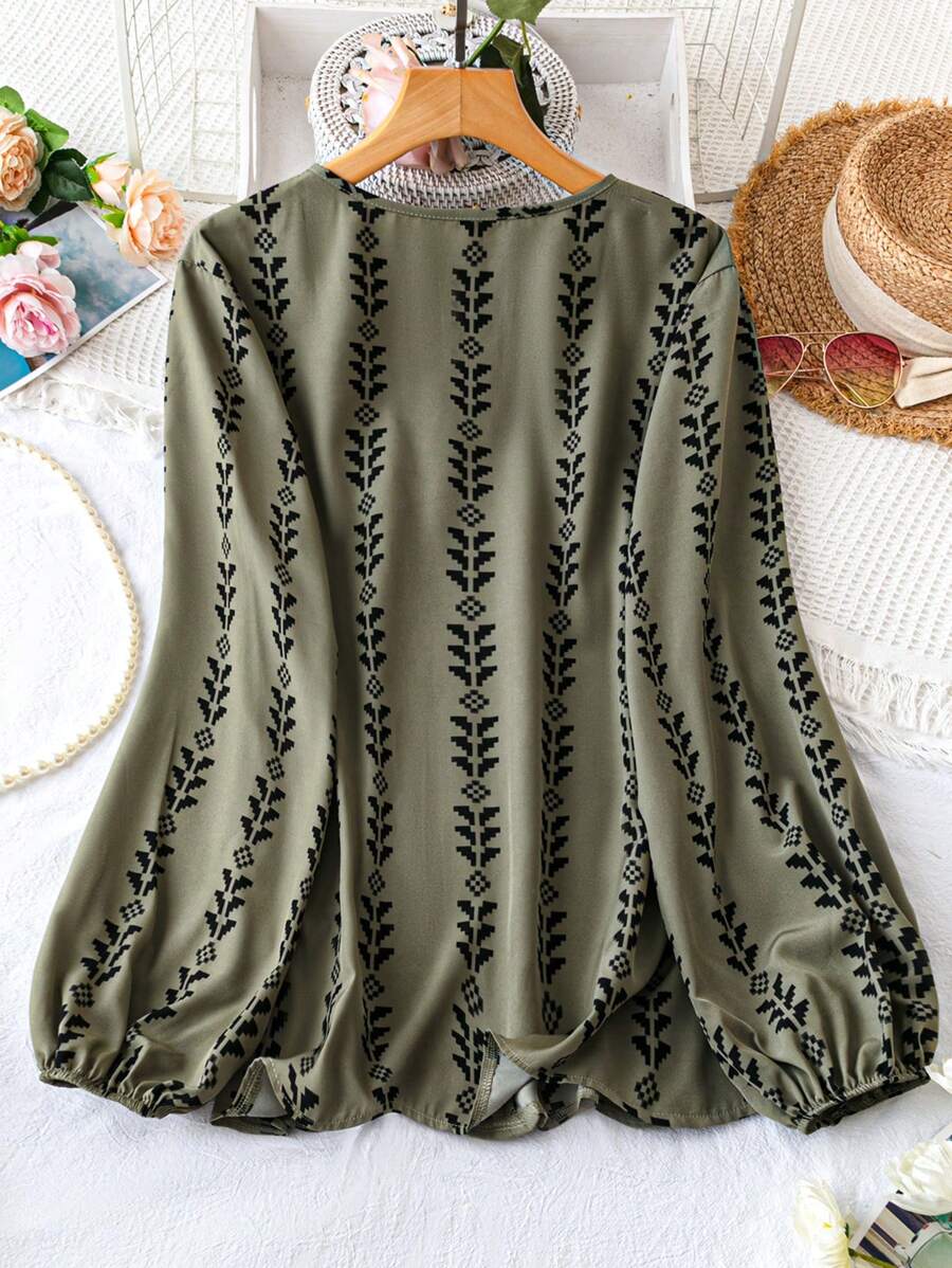 Coria Boho Chic Olive Green Printed V-Neck Blouse with Balloon Sleeves