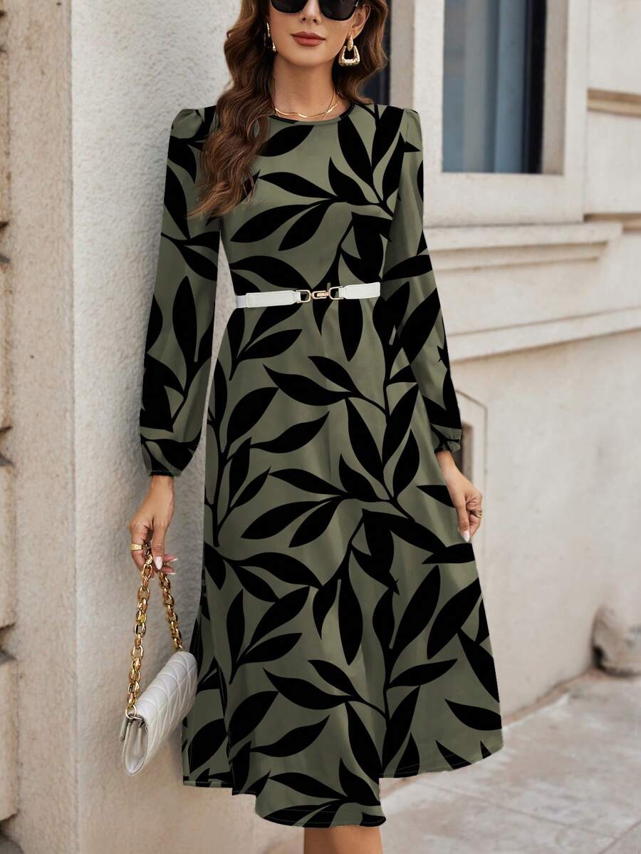 Coria Elegant Olive Green Midi Dress with Black Leaf Print & Belted Waist