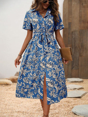 Coria Floral Print Button-Up Shirt Dress with Waist Tie and Side Slit