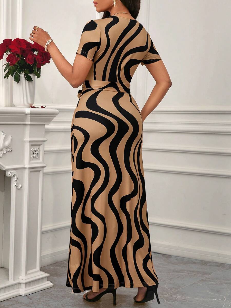 Coria Elegant Wave-Print Wrap Maxi Dress with Belt - Short Sleeve