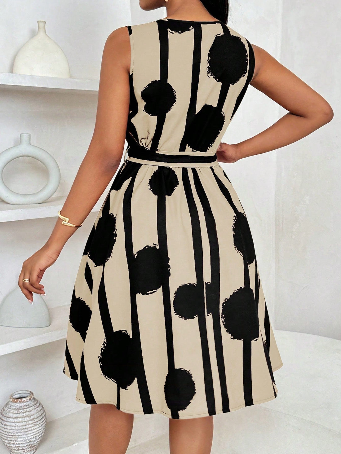 Coria Elegant Red and Black Sleeveless Belted A-Line Dress