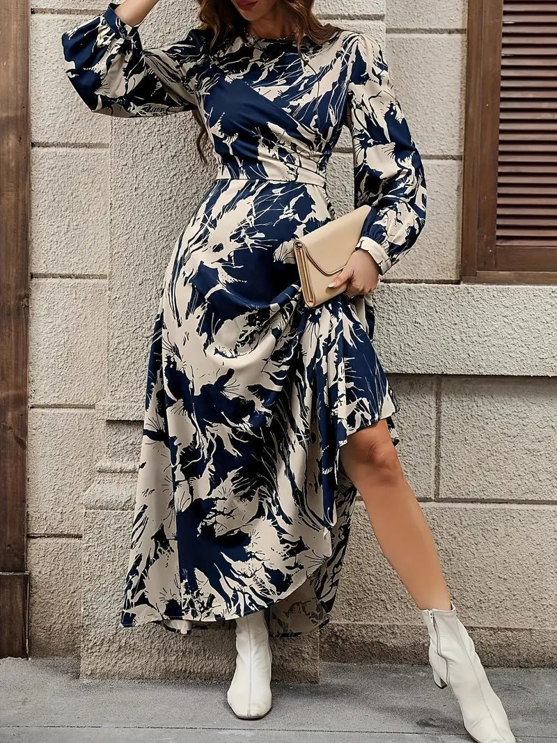 Coria Allover Print Crew Neck Dress, Elegant Long Sleeve Ankle Length Dress