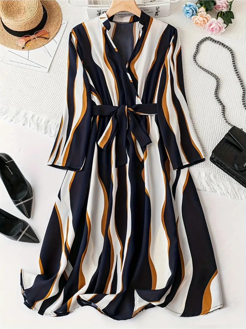 Coria Abstract Print Surplice Neck Belted Dress, Casual Long Sleeve Dress