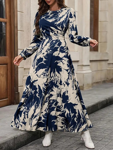 Coria Allover Print Crew Neck Dress, Elegant Long Sleeve Ankle Length Dress