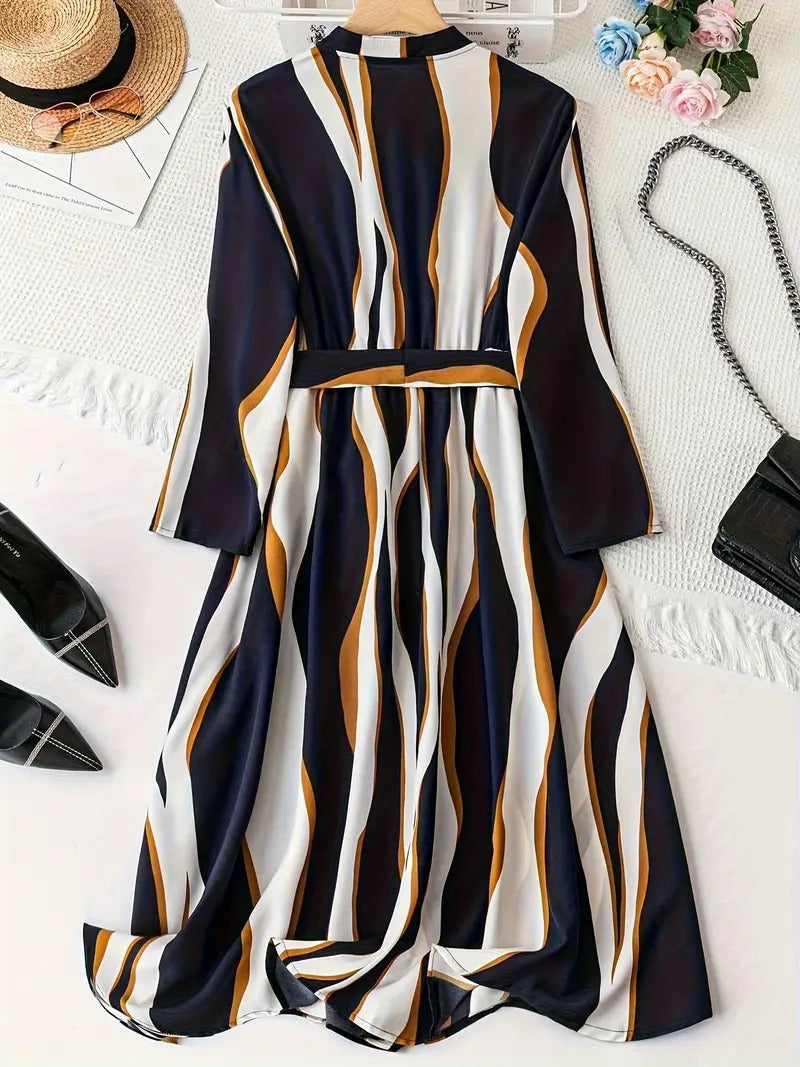 Coria Abstract Print Surplice Neck Belted Dress, Casual Long Sleeve Dress